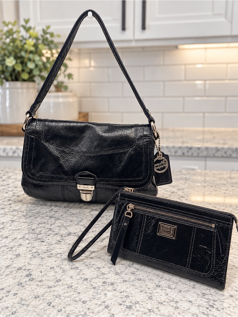 Coach Poppy Lyla Onyx Patent Leather Shoulder Bag + Matching Wristlet